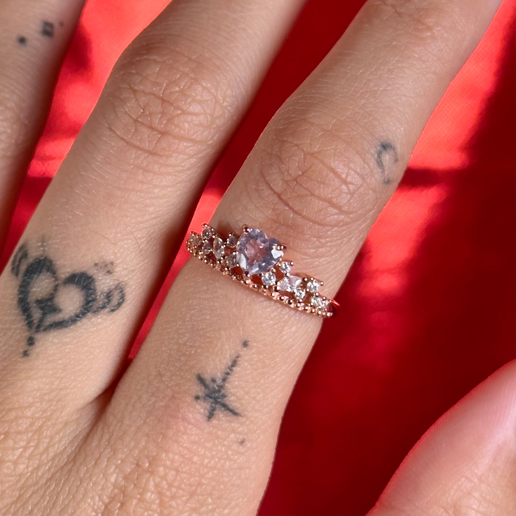 Lavender Moon Quartz Heart Crown Ring | Rose Gold s925 Adjustable Ring