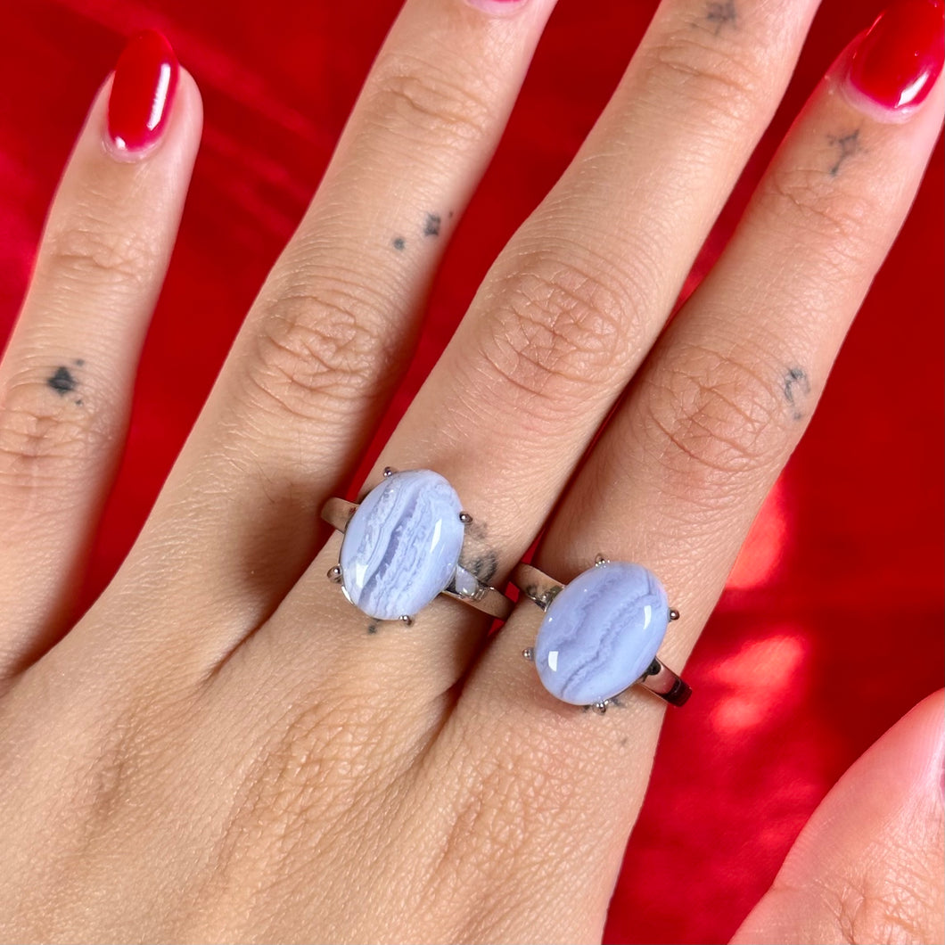 Blue Lace Agate Oval Ring | Sterling Silver s925 Adjustable Ring